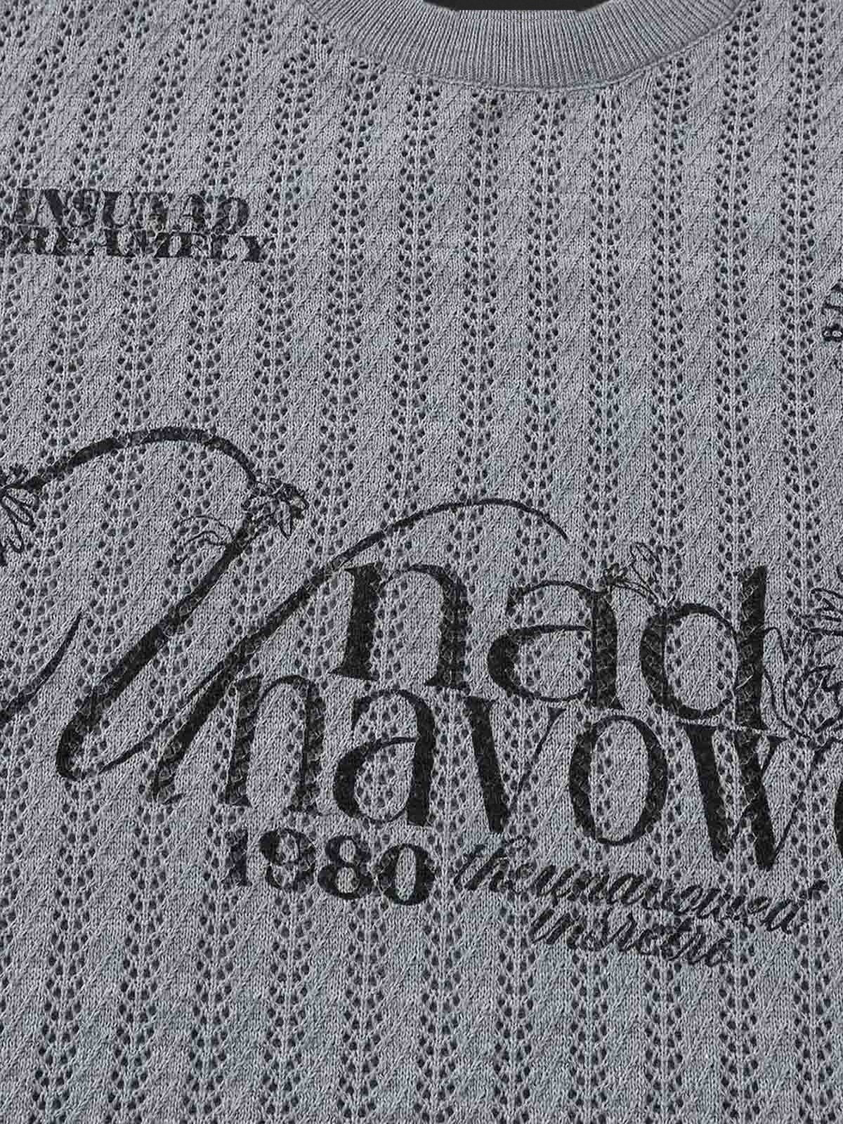 Open Knit Crewneck Sweater with Script Text – Gray, chest text close-up | XoKool