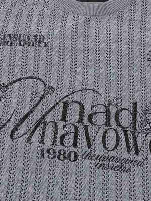 Open Knit Crewneck Sweater with Script Text – Gray, chest text close-up | XoKool