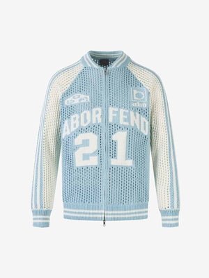 Open Knit Zip Up Sweater with Striped Sleeves – Light Blue, front flat | XoKool