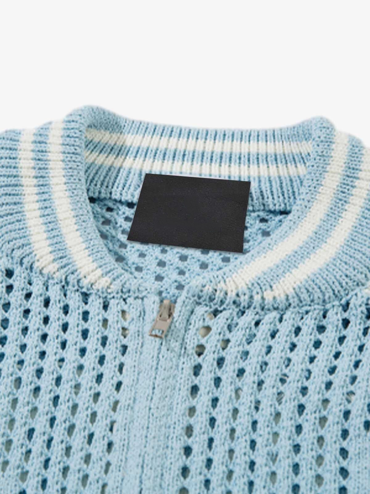 Open Knit Zip Up Sweater with Striped Sleeves – Light Blue, collar | XoKool
