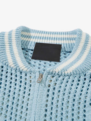Open Knit Zip Up Sweater with Striped Sleeves – Light Blue, collar | XoKool