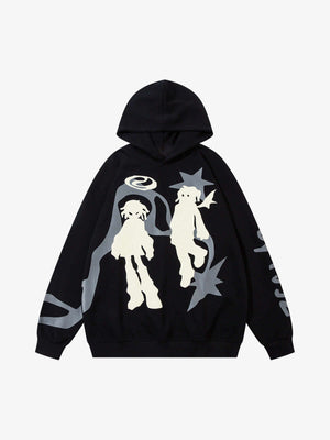 Oversized Angel Hoodie with Front and Back Print – Black, front view | XoKool