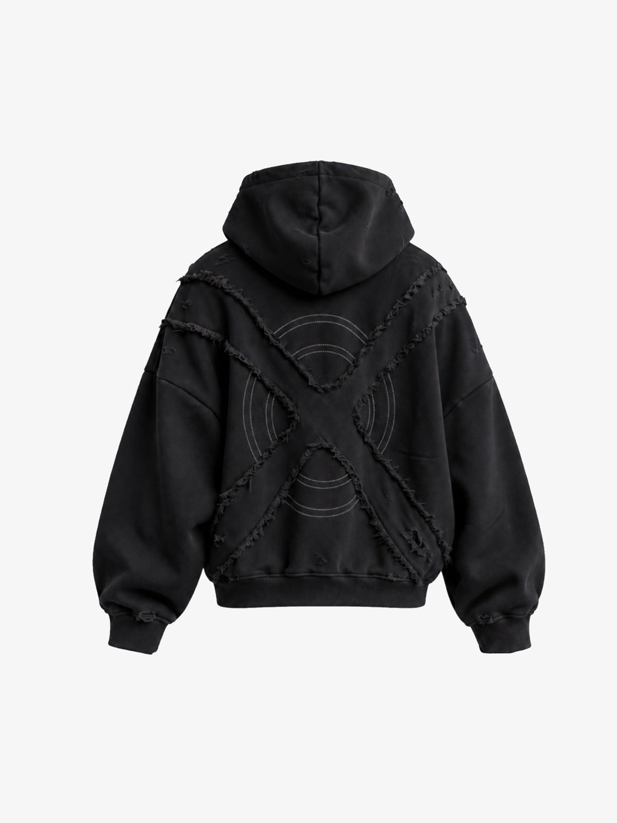 Hoodie negro oversize con panel de X en la espalda – espalda en plano con panel de X | XoKool