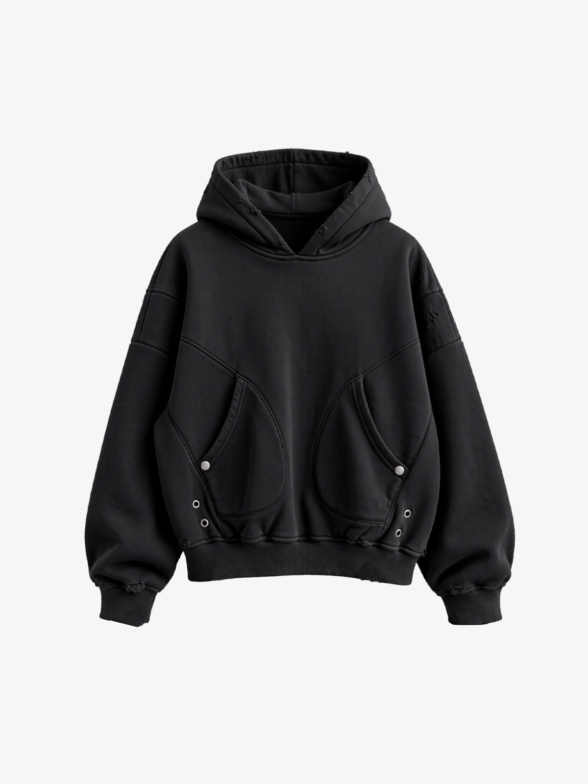 Oversized Schwarzer Hoodie mit X-Panel am Rücken – Washed Schwarz, Vorderseite flach | XoKool