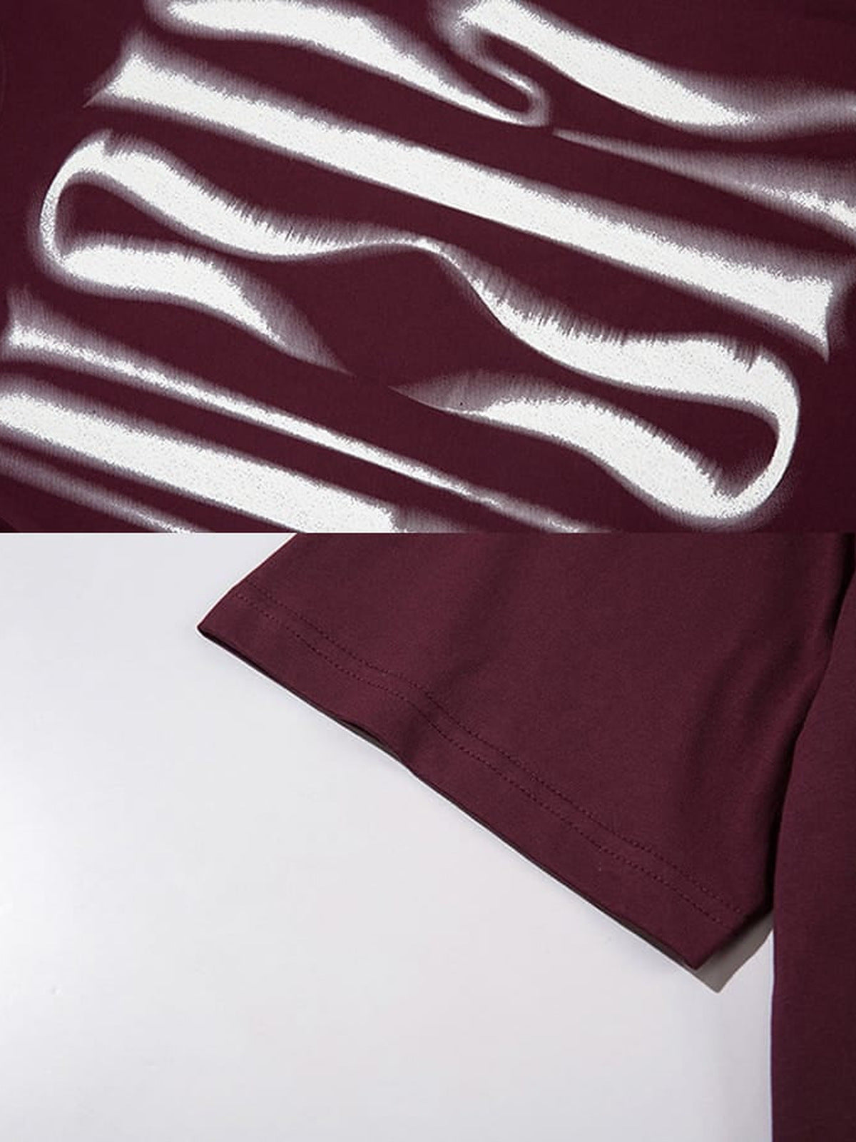 Blurred letter oversized tee – Burgundy print and hem close-up | XoKool