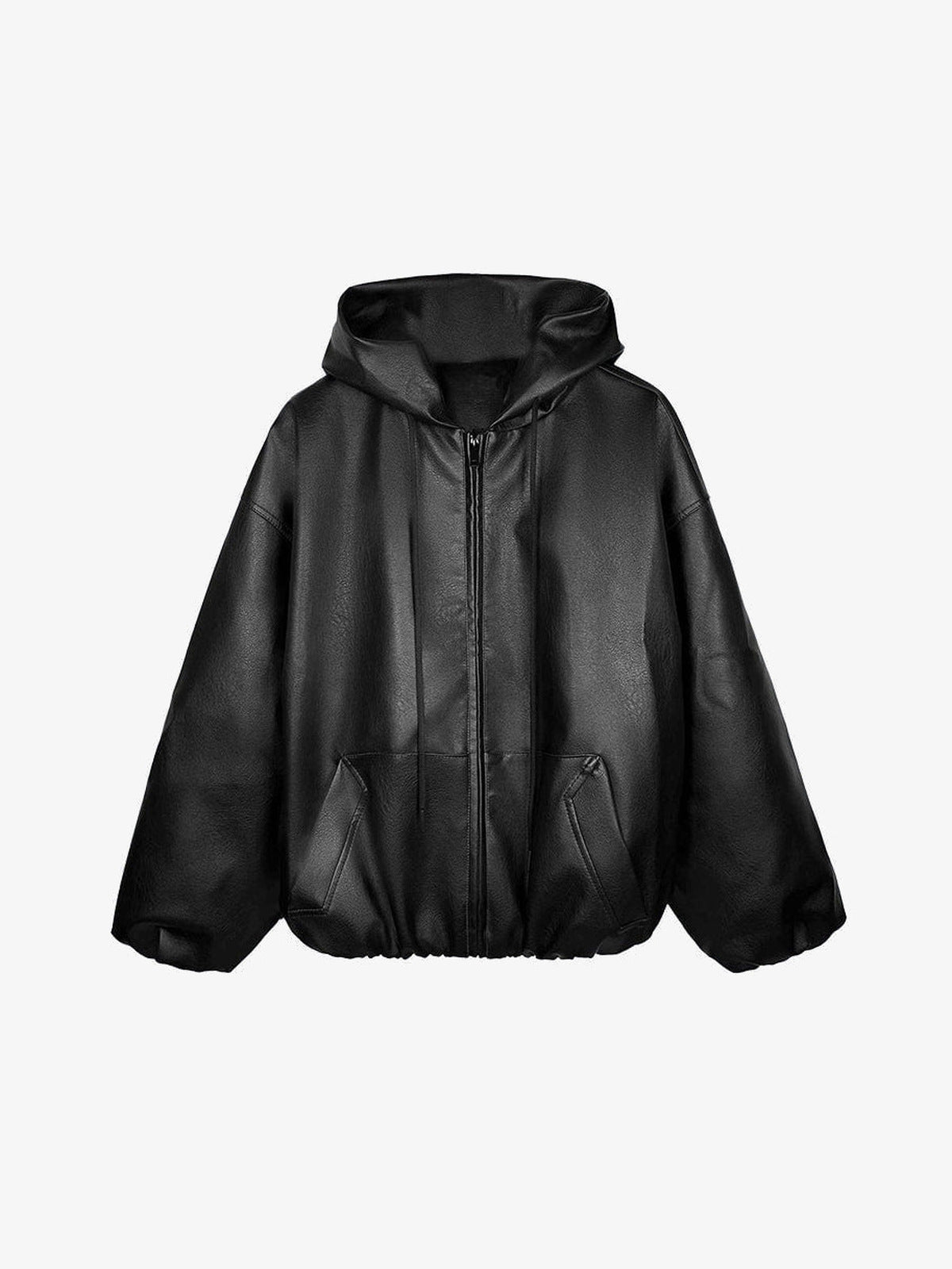Oversized Kapuzenjacke aus Kunstleder mit Reißverschluss – Schwarz, Vorderansicht | XoKool