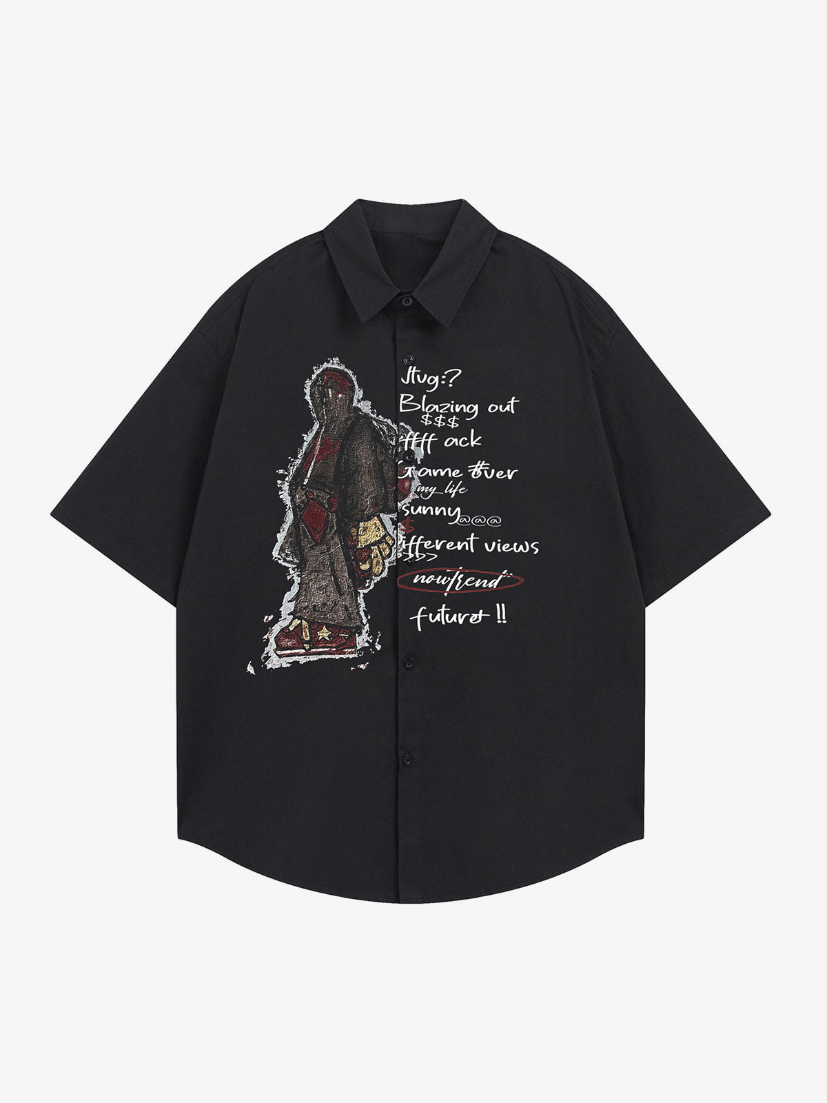 Oversized Graphic Short Sleeve Button Up Shirt – Black, front view | XoKool
