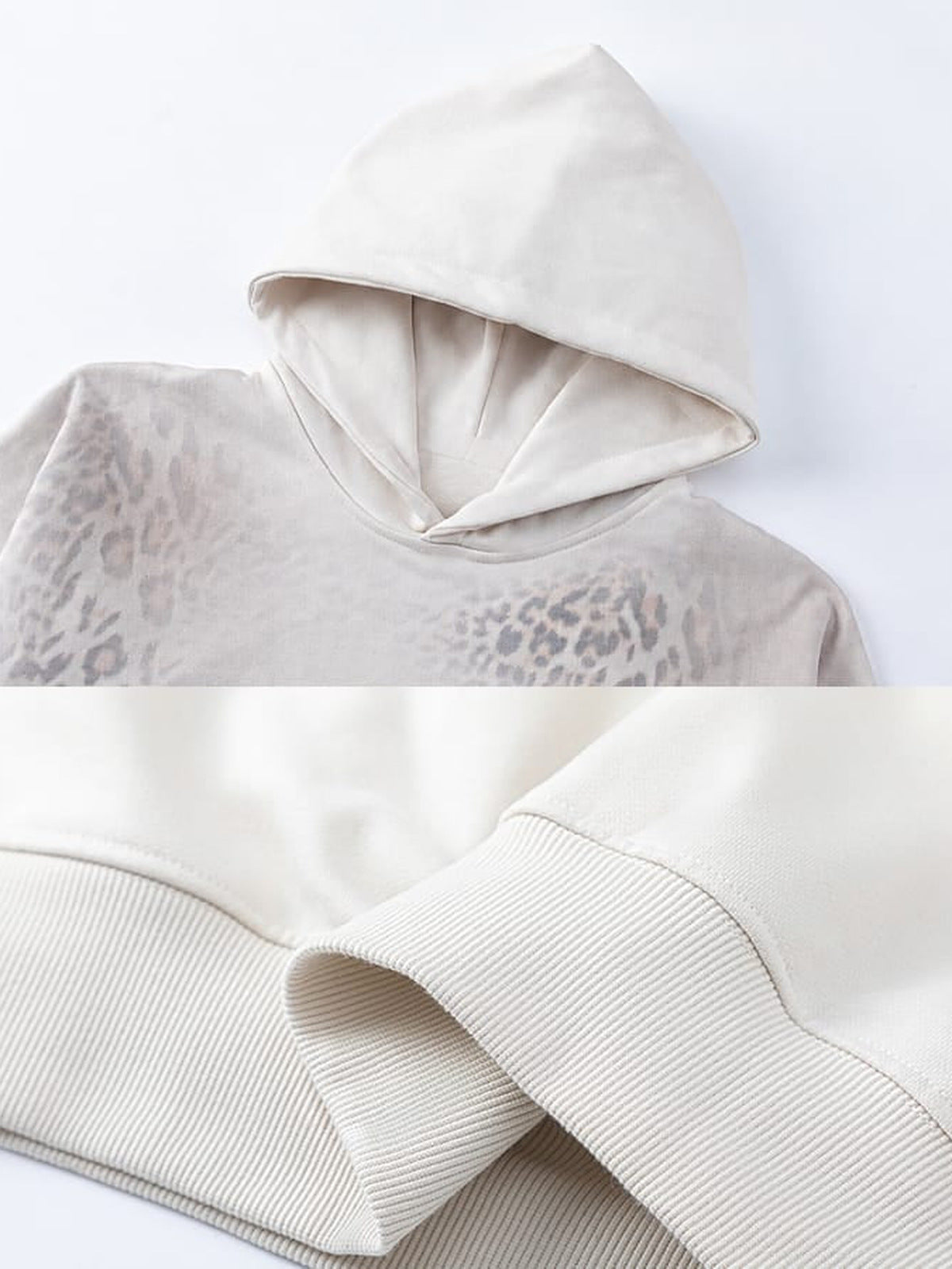 Leopard print hoodie – cream hood and cuff close-up | XoKool