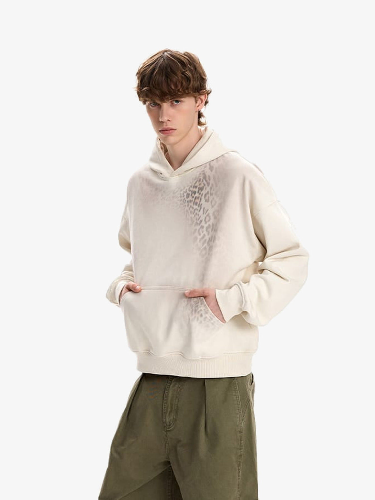 Leopard print hoodie – on model, cream, three-quarter | XoKool