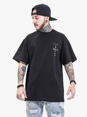 Oversized Fotoprint T-Shirt mit Grafik auf dem Rücken – am Model, Schwarz, Vorderseite | XoKool