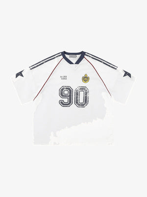 Oversized V Neck Soccer Jersey with Number 90 – White, front view | XoKool