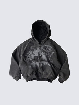 Oversized Washed Charcoal Graphic Zip Hoodie – Dunkelgrau, Vorderansicht | XoKool