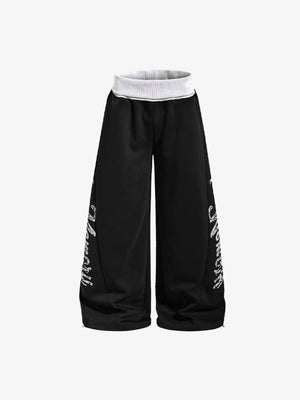 Pantalones deportivos oversize de pierna ancha con cintura en contraste – Negro, frente plano | XoKool