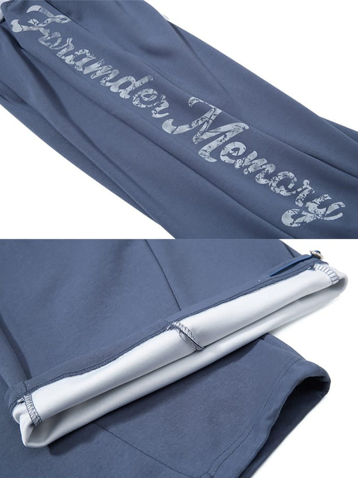 Pantalones deportivos oversize – Azul pizarra, detalle del estampado en letra cursiva y del bajo | XoKool