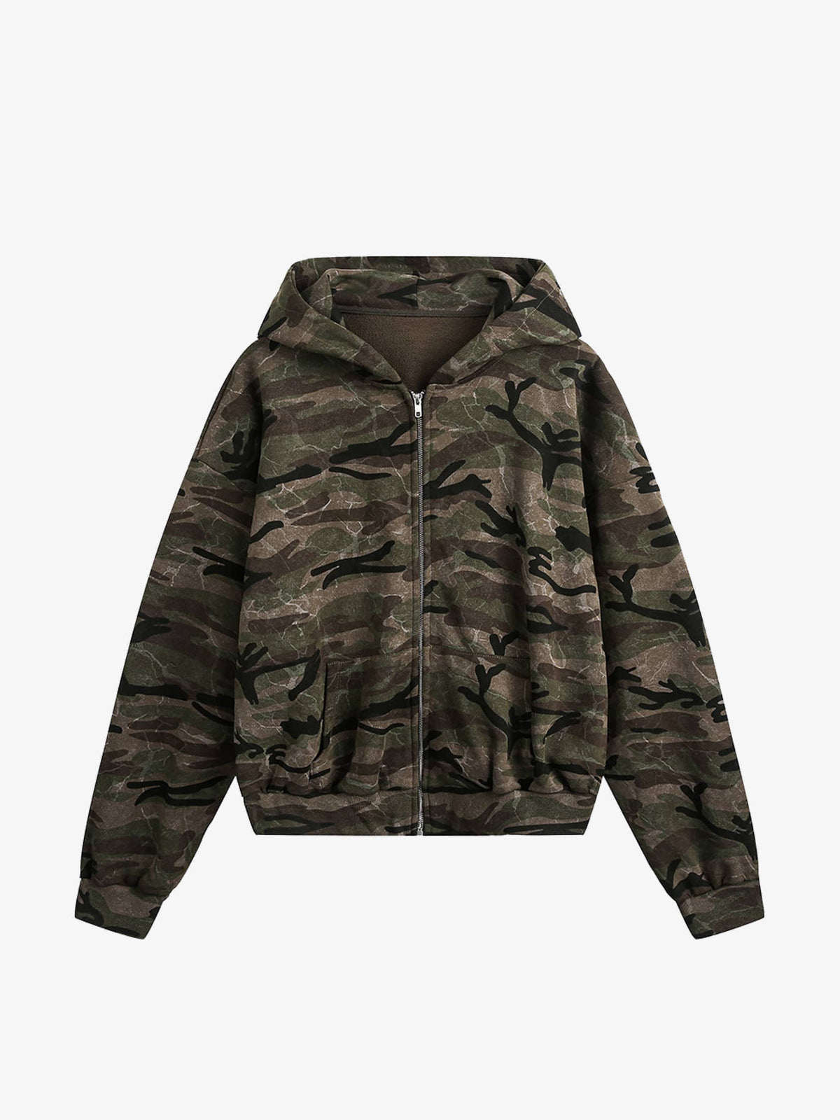 Oversized Woodland Camo Zip Hoodie – Camo, Vorderseite flach | XoKool