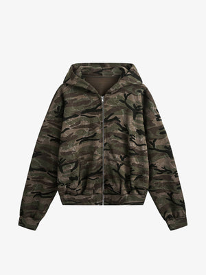 Oversized Woodland Camo Zip Hoodie – Camo, Vorderseite flach | XoKool