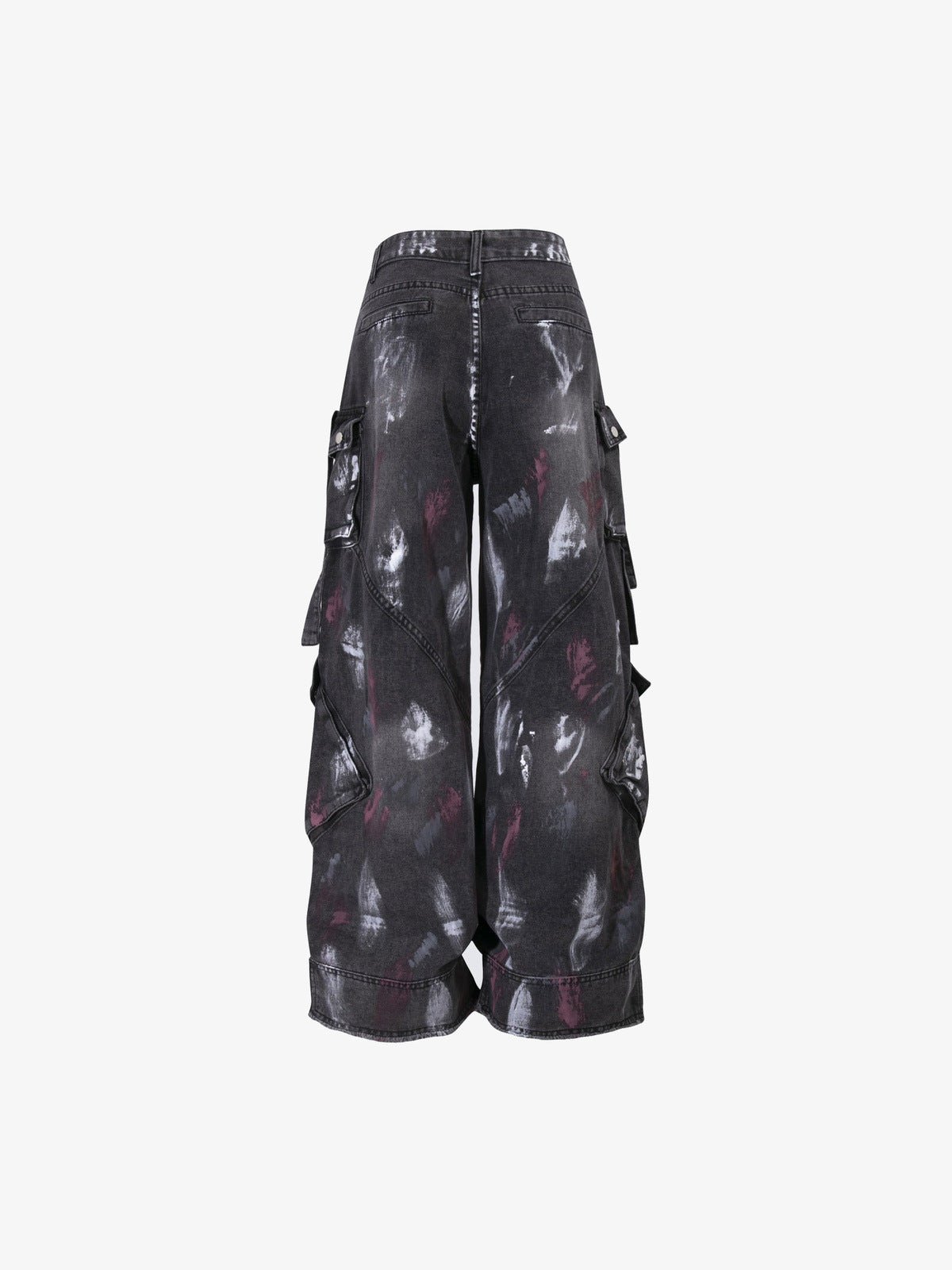 Jeans baggy cargo con salpicaduras de pintura y cremalleras en las rodillas – Negro, vista trasera plana | XoKool