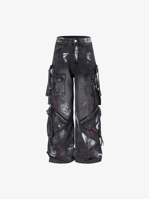 Jeans baggy cargo con salpicaduras de pintura y cremalleras en las rodillas – Negro, vista frontal plana | XoKool