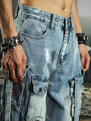 Jeans cargo con salpicaduras de pintura – Azul claro, detalle del bolsillo delantero | XoKool