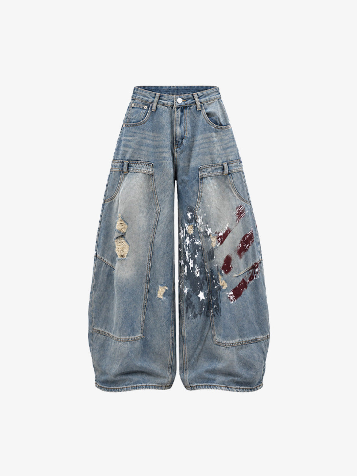 Paint Splatter Baggy Jeans mit Stern-Print – Hellblau, Vorderseite flach | XoKool