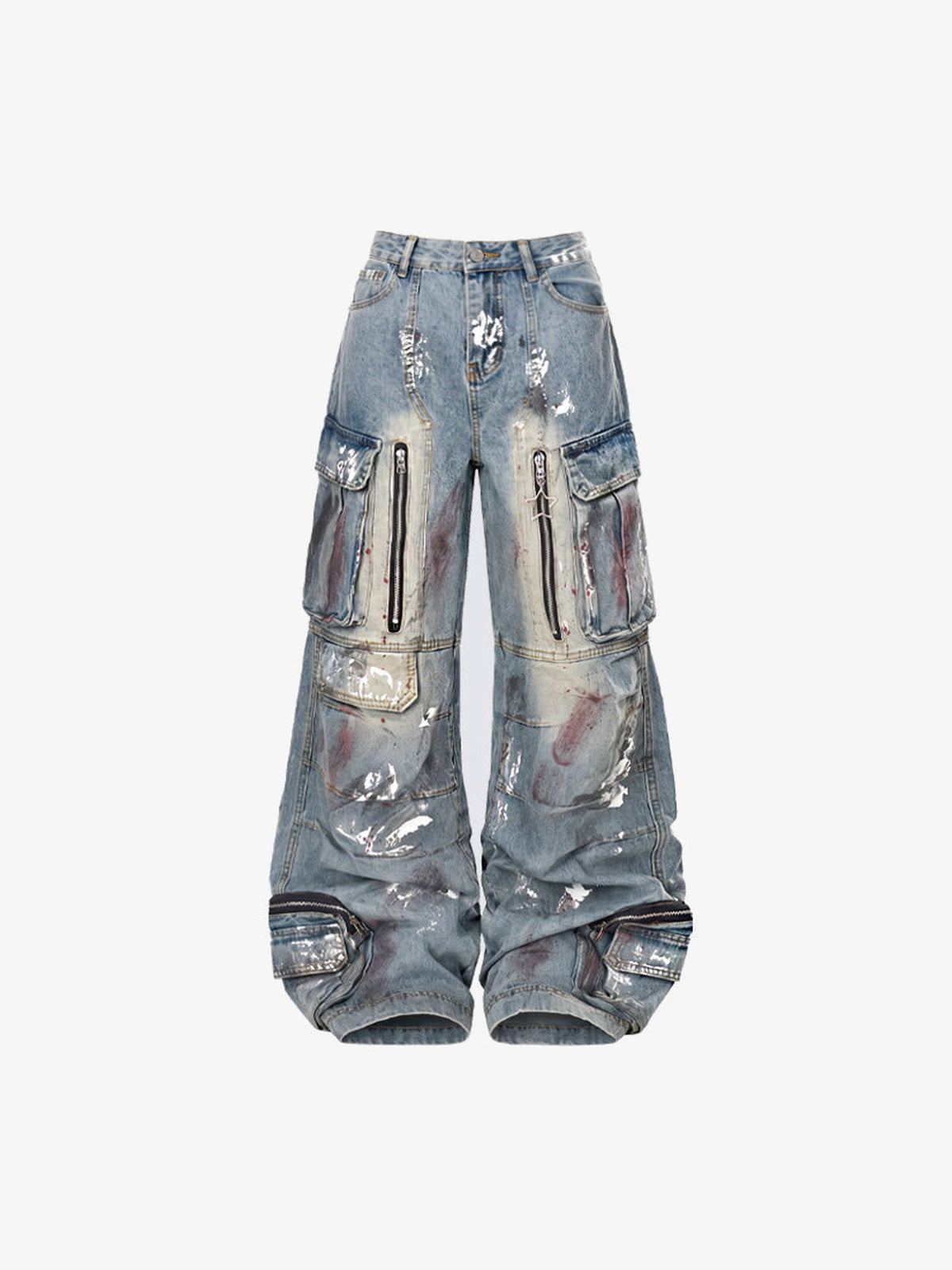 Wide Leg Cargo Jeans mit Farbspritzern und Reißverschlüssen – Vorderseite flach | XoKool