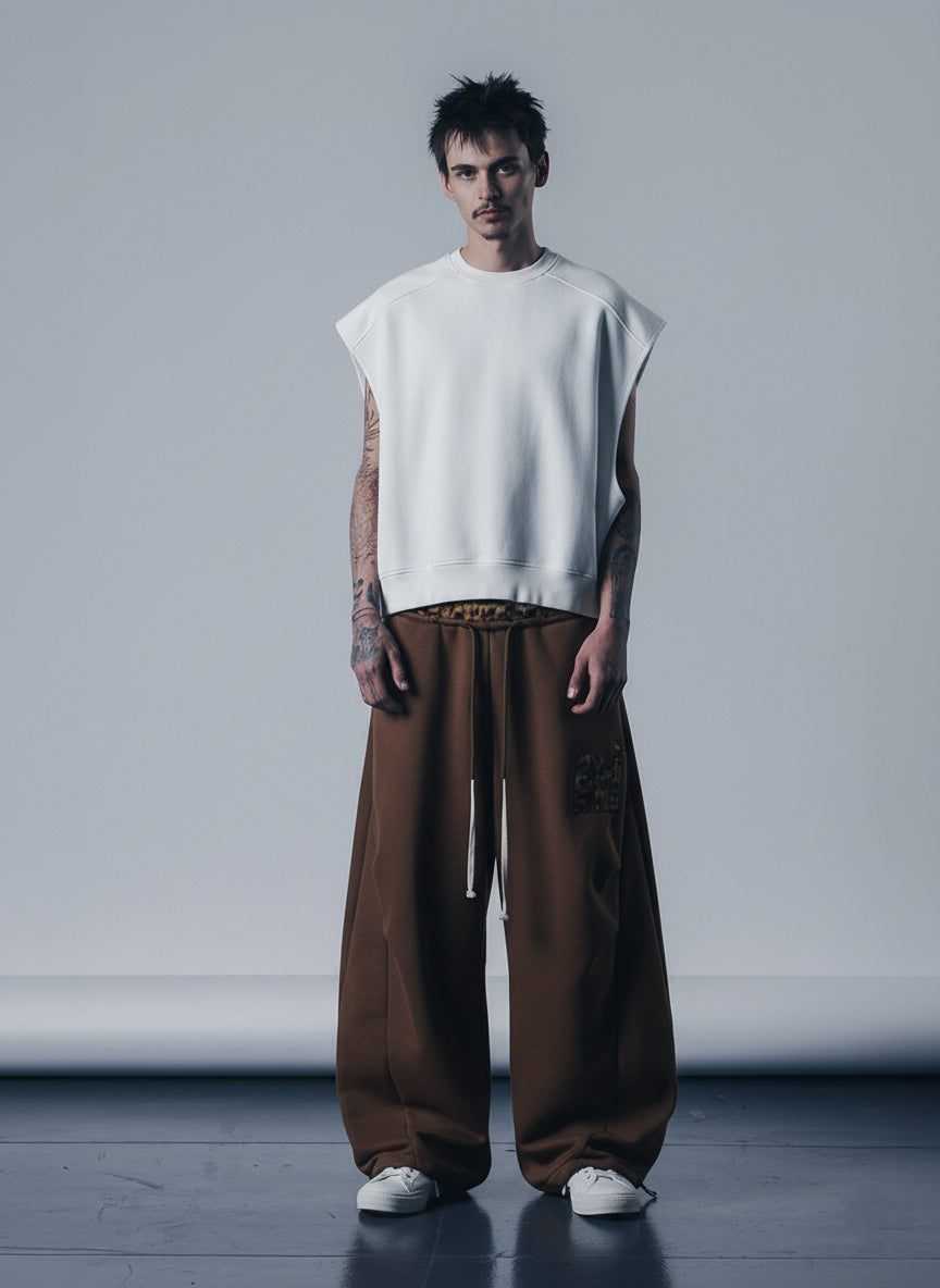 Retro Double-Waist Leopard Patch Barrel Pants - image 3