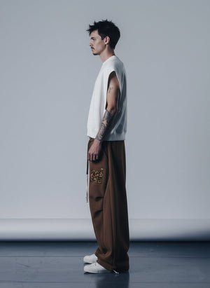 Retro Double-Waist Leopard Patch Barrel Pants - thumbnail 4