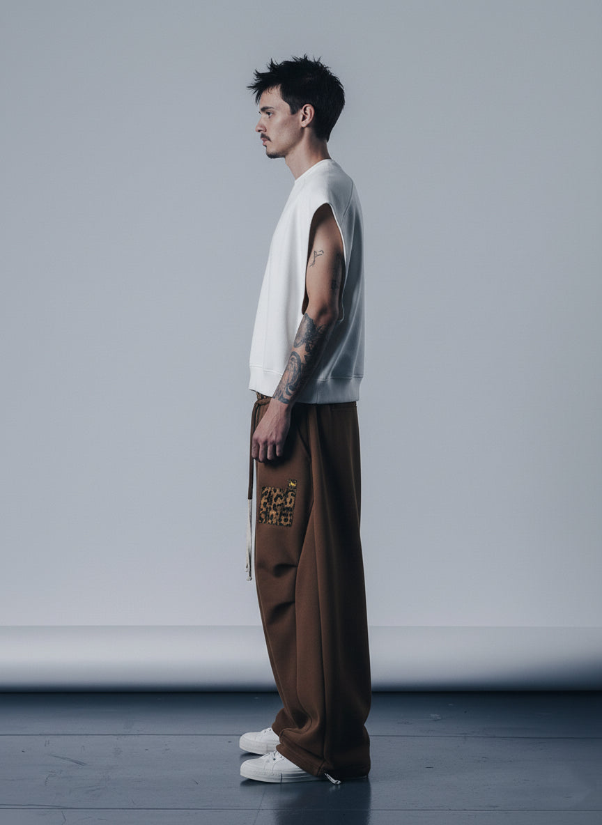 Retro Double-Waist Leopard Patch Barrel Pants - image 4