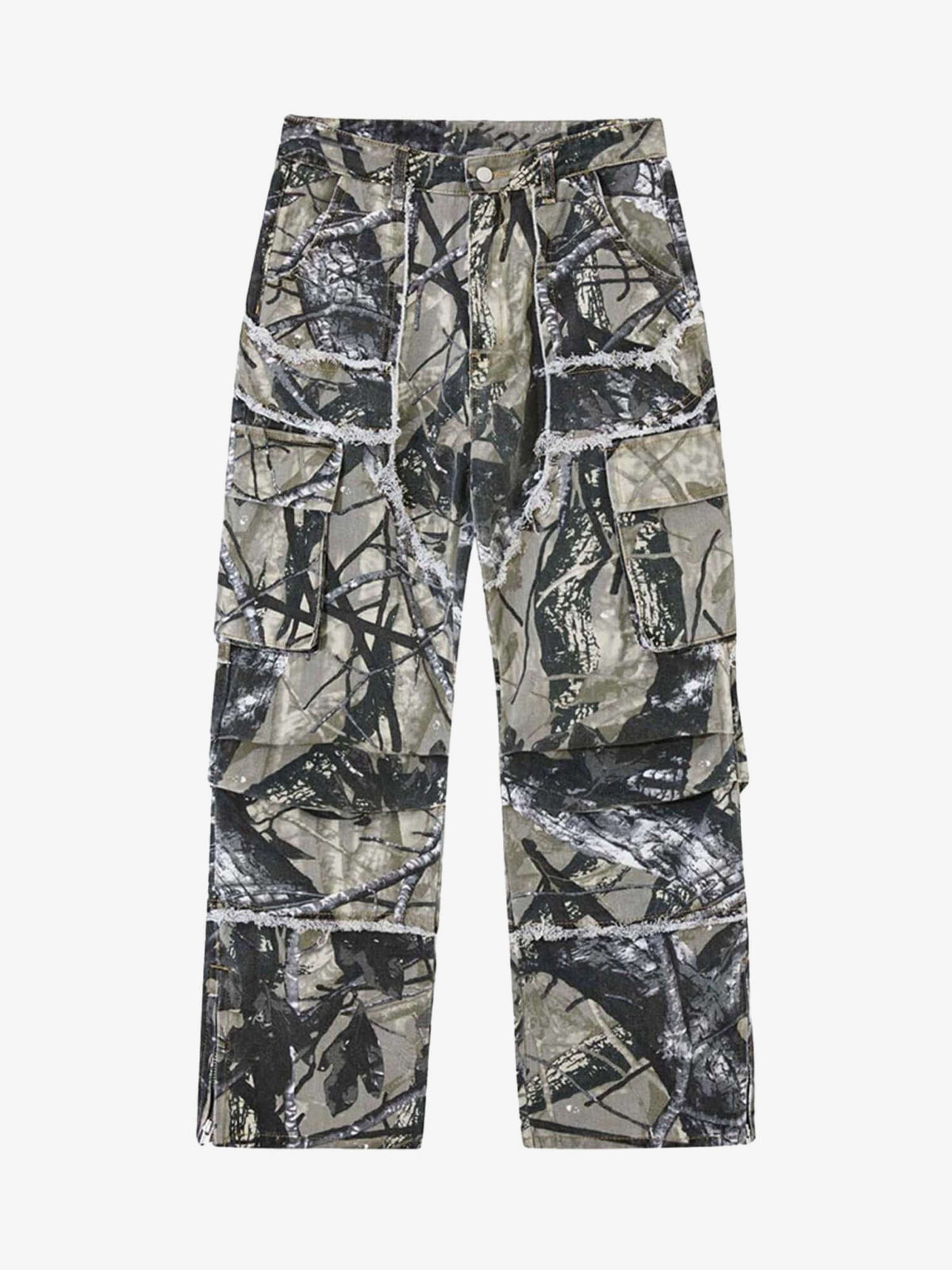 Tree Camo Cargo Pants with Frayed Trim – front flat | XoKool