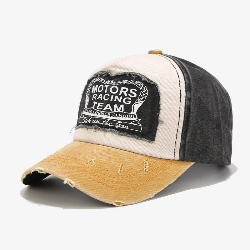 Retro Racing Patch Baseballcap in Senfgelb und Schwarz – seitliche Dreiviertelansicht | XoKool