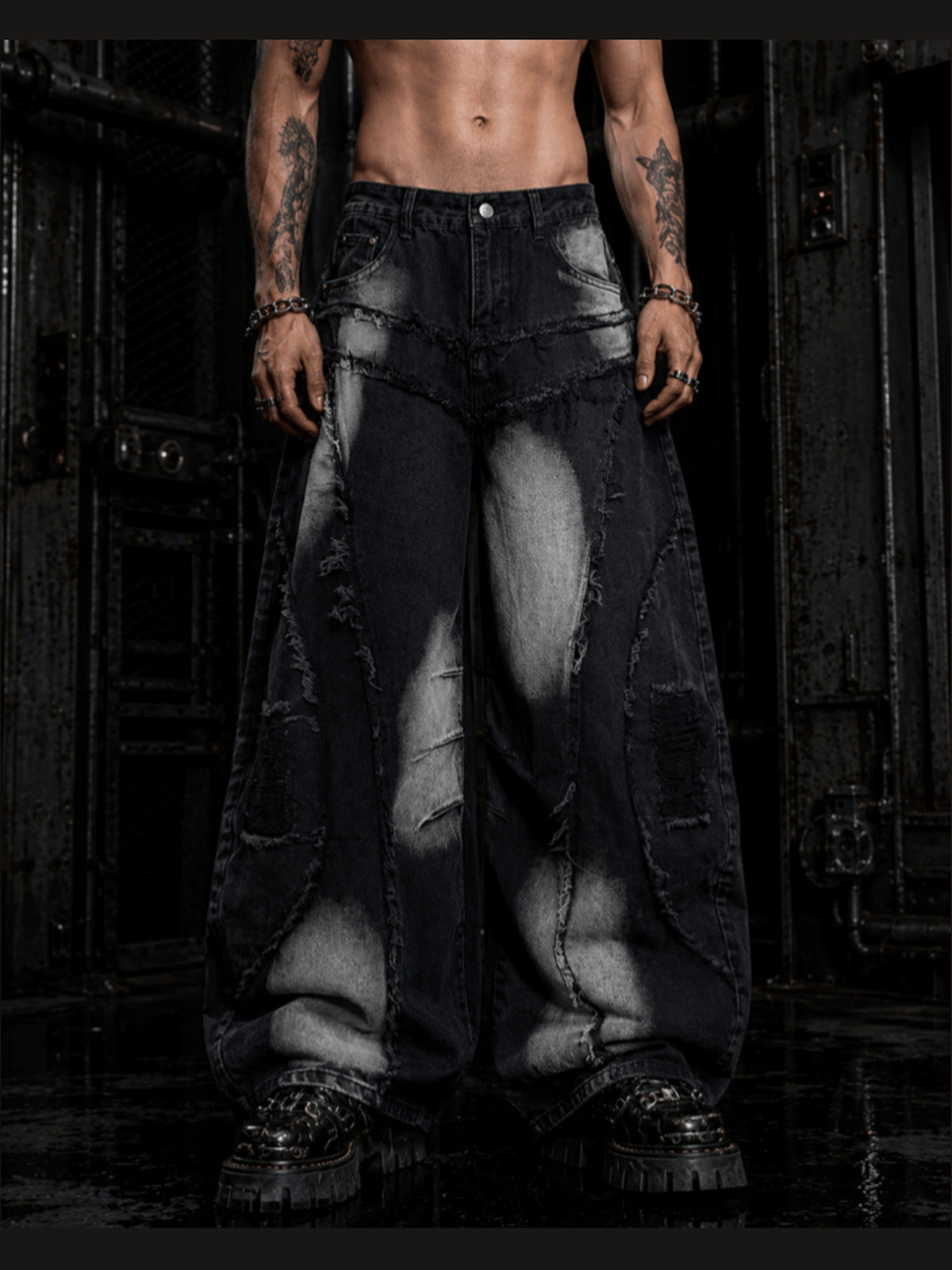 Patchwork Barrel Jeans with Frayed Curved Seams – Black on model, front | XoKool