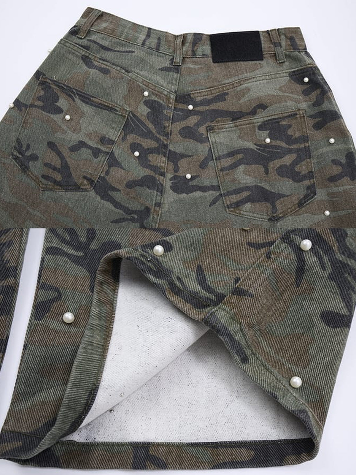 Pearl Embellished Camo Cargo Pants – Back patch and inner fabric close-up | XoKool