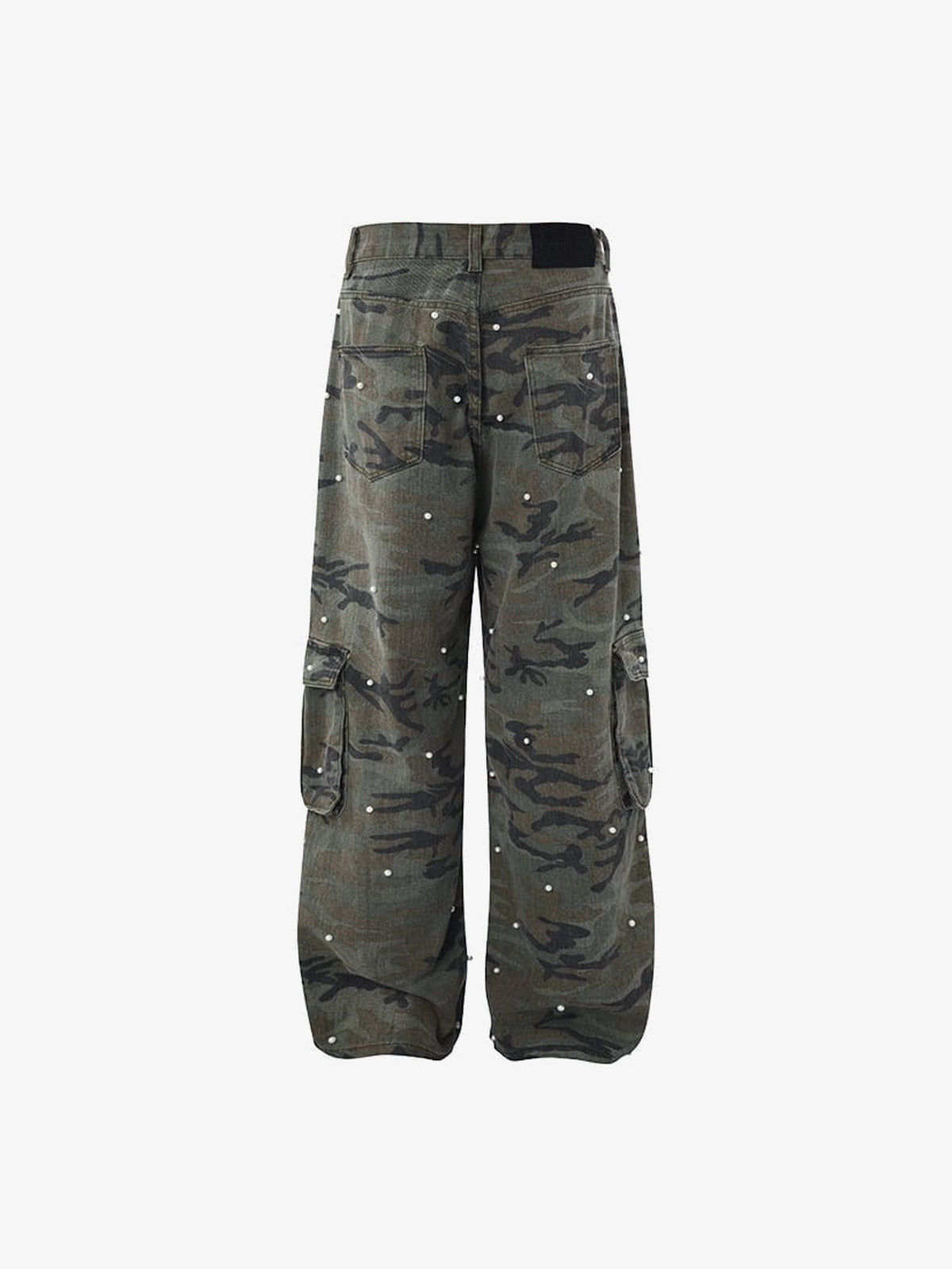 Pearl Embellished Camo Cargo Pants – Green Camo, back flat | XoKool