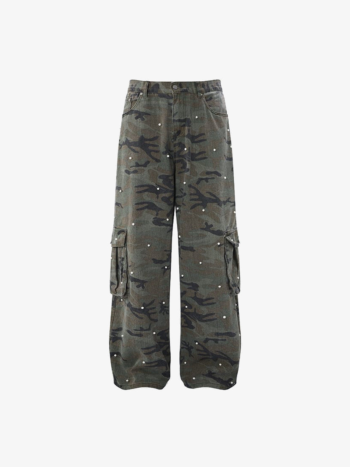 Pearl Embellished Camo Cargo Pants – Green Camo, front flat | XoKool
