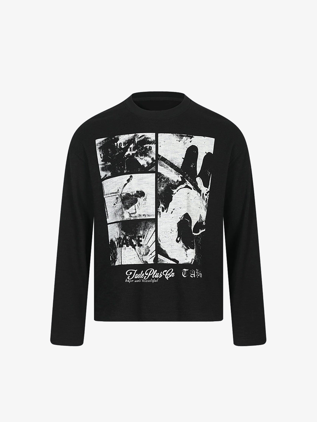 Photo Collage Long Sleeve Tee in Black or White – Black, front flat | XoKool