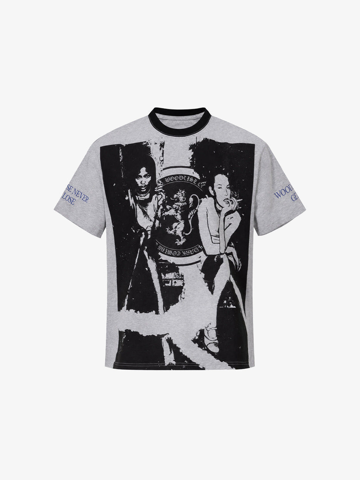 Camiseta ringer con estampado de collage de retratos – Gris, vista frontal | XoKool