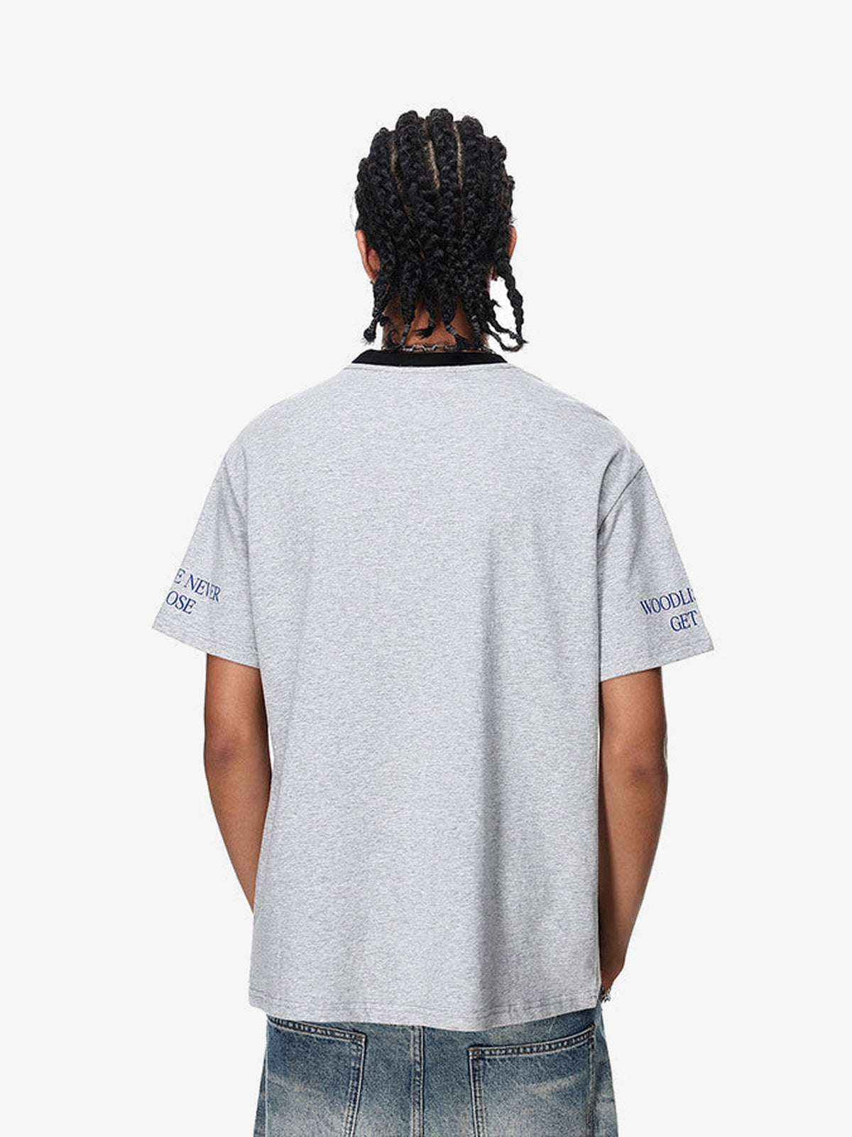 Photo Print Ringer T-Shirt with Portrait Collage – Grey, on model back | XoKool
