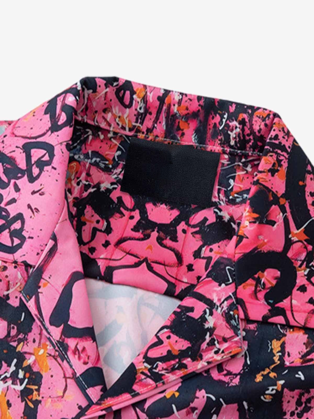 Pink Graffiti Print Camp Collar Shirt – collar close-up | XoKool