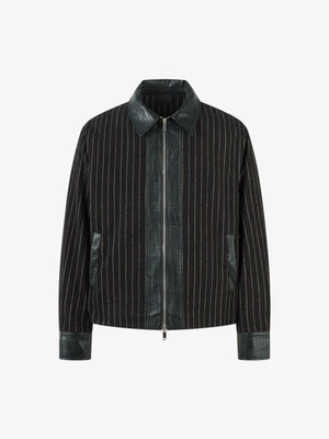 Pinstripe Zip Jacket with Croc-Embossed Faux Leather Trim – Black, front view | XoKool