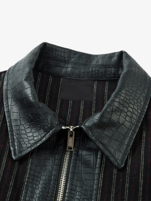Pinstripe Zip Jacket with Croc-Embossed Faux Leather Trim – Black, collar and inner neck close-up | XoKool