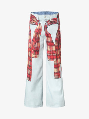 Light Wash Jeans with Plaid Shirt Print – Light Blue, front view | XoKool