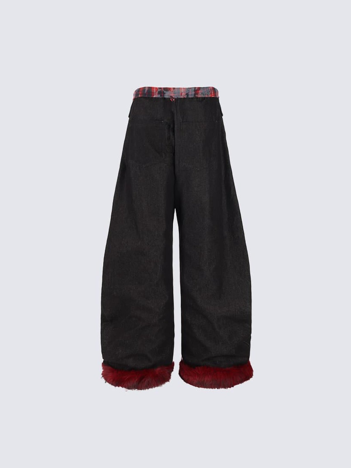 Plaid fur cuff jeans – Black, back flat lay | XoKool