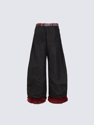 Plaid fur cuff jeans – Black, back flat lay | XoKool