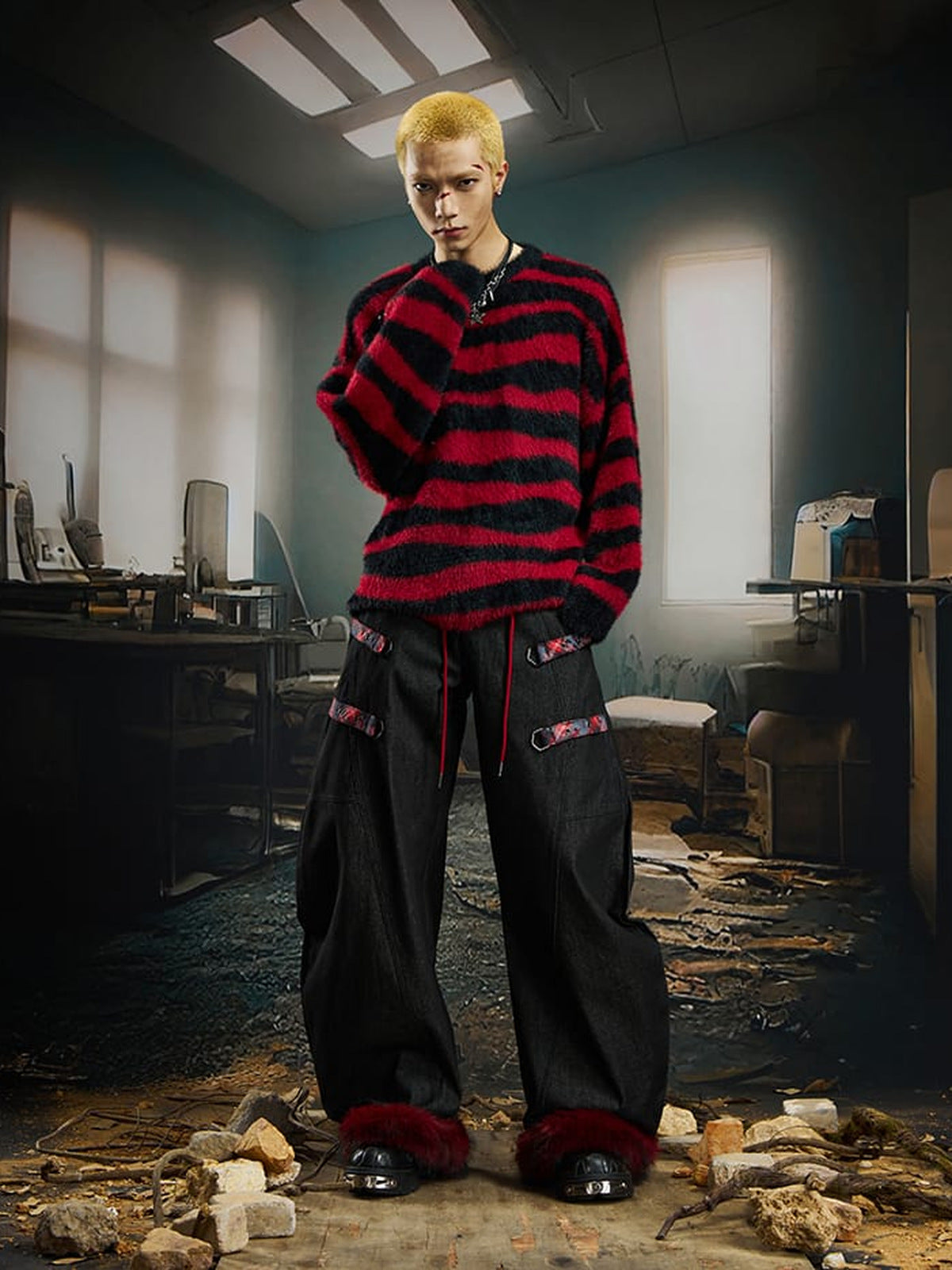 Plaid Waistband Barrel Jeans with Faux Fur Cuffs – Black, on model, front | XoKool