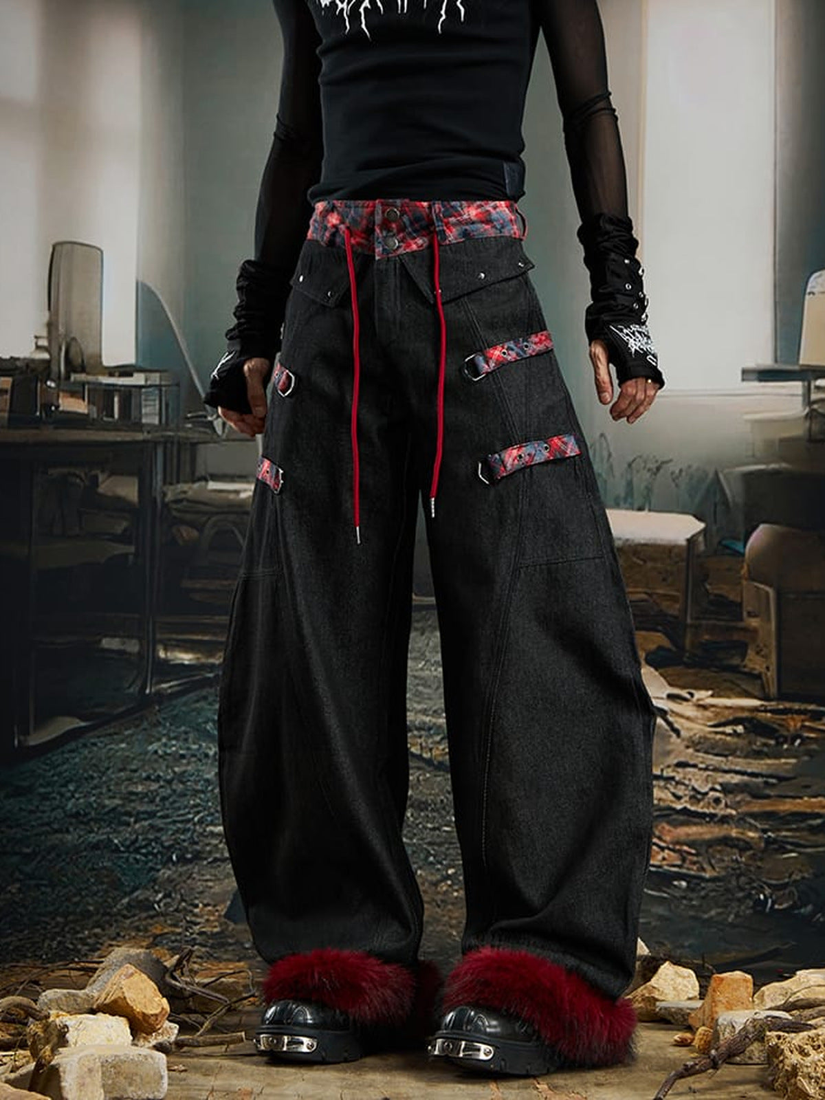 Plaid Waistband Barrel Jeans with Faux Fur Cuffs – Black, on model, front close | XoKool