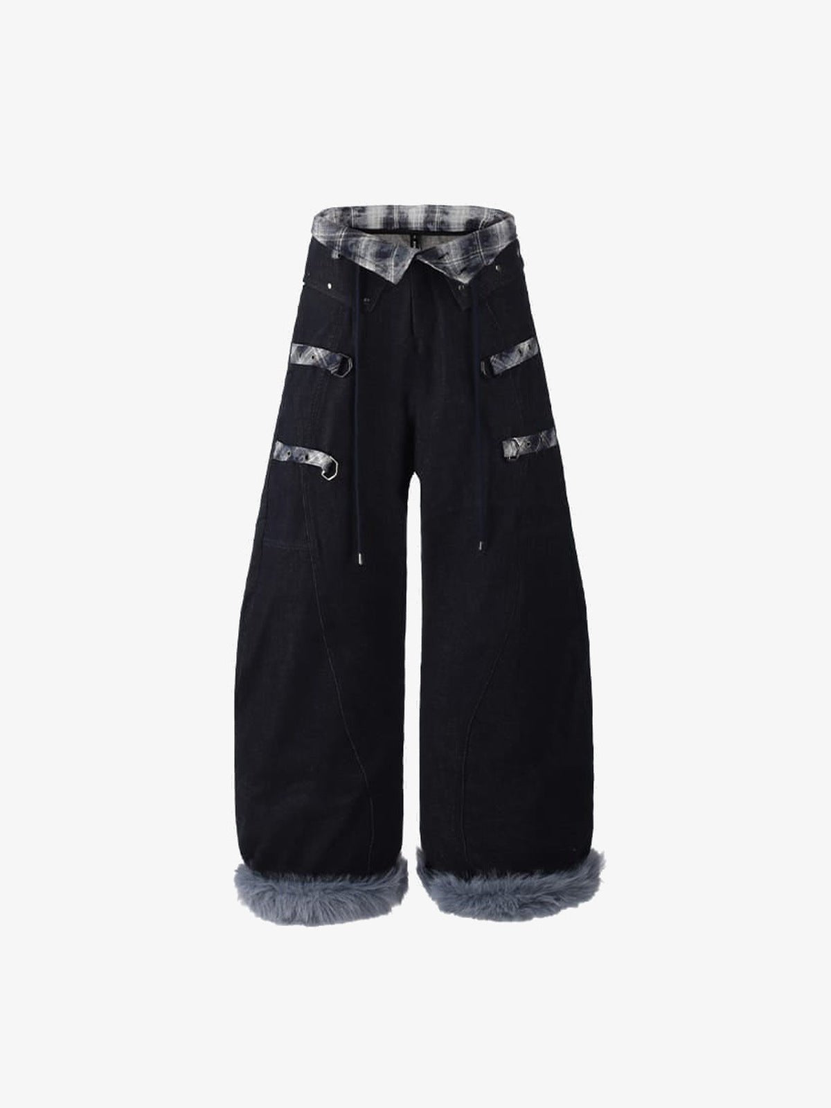 Plaid fur cuff jeans – Blue, front flat lay | XoKool