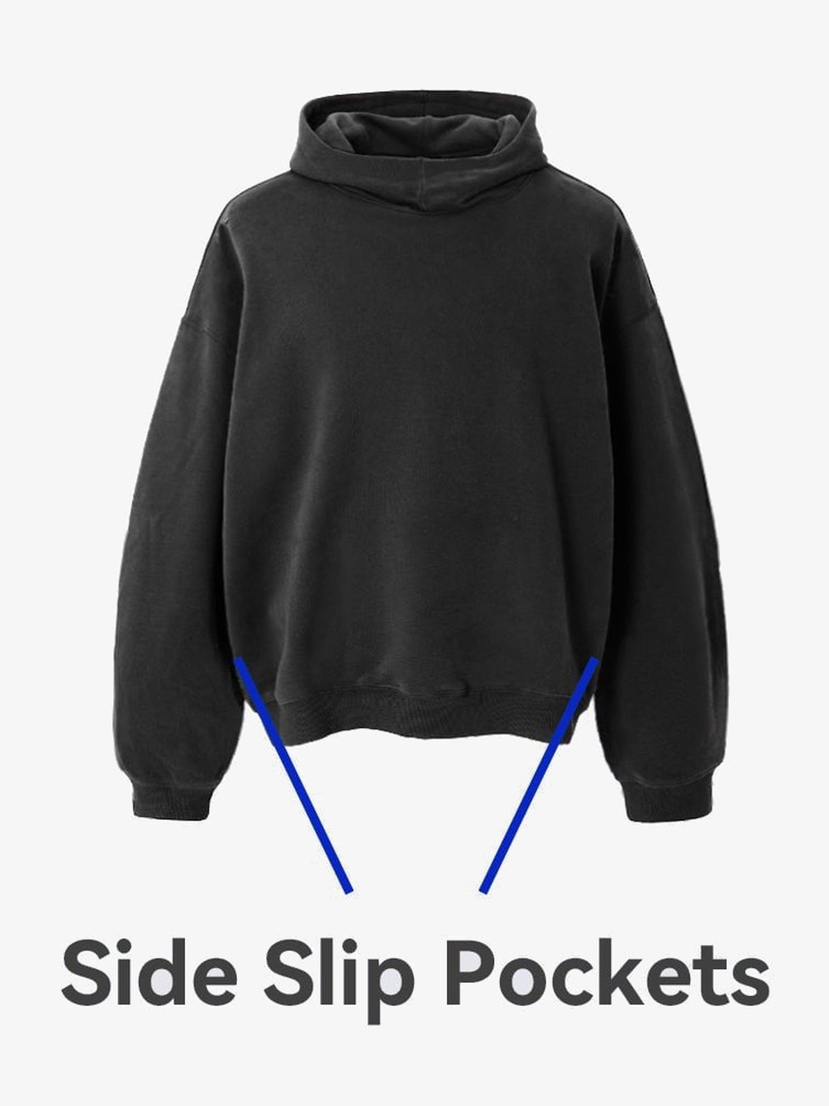 Boxy hoodie – Black, side pockets callout | XoKool