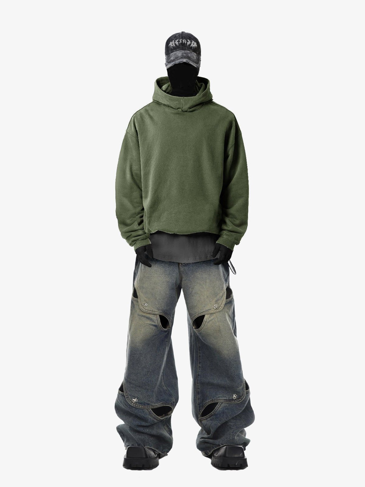 Boxy hoodie – Olive, on model, full body | XoKool