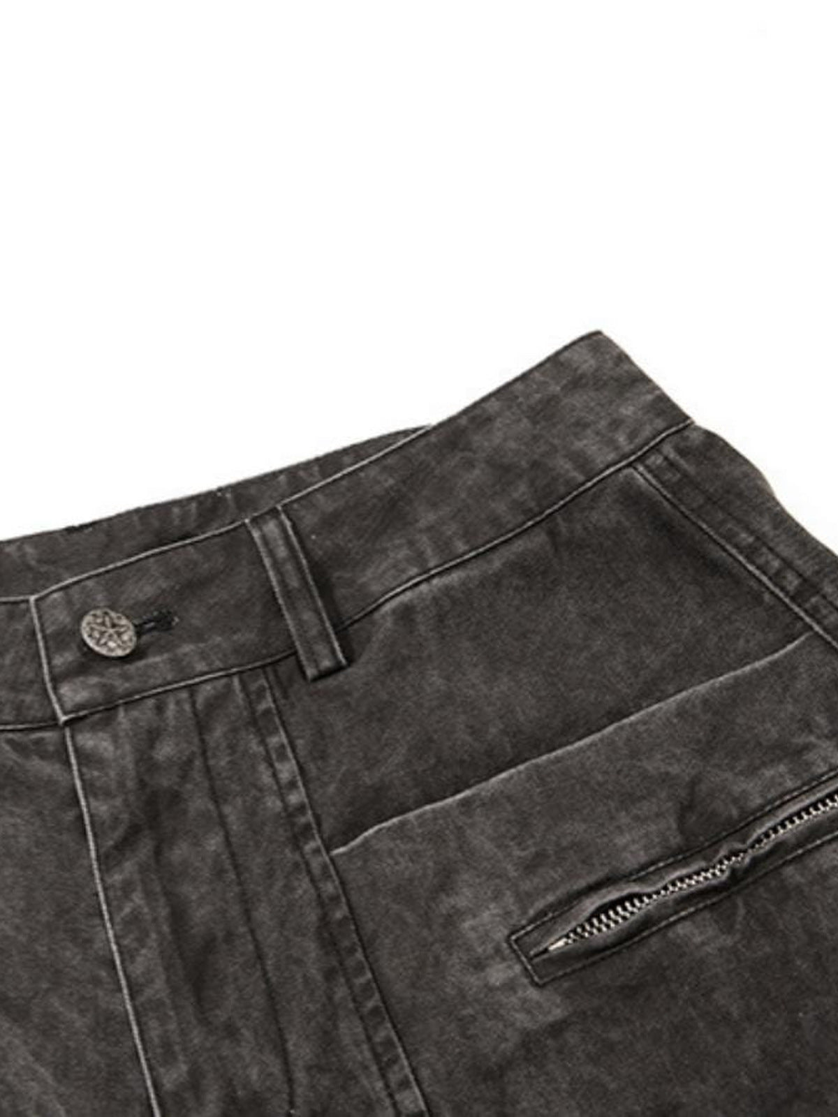 Pleated grey baggy jeans – waist and zip pocket close-up | XoKool