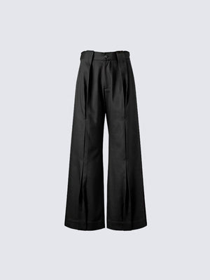 Bundfaltenhose mit weitem geradem Bein – Schwarz, Vorderansicht flach | XoKool